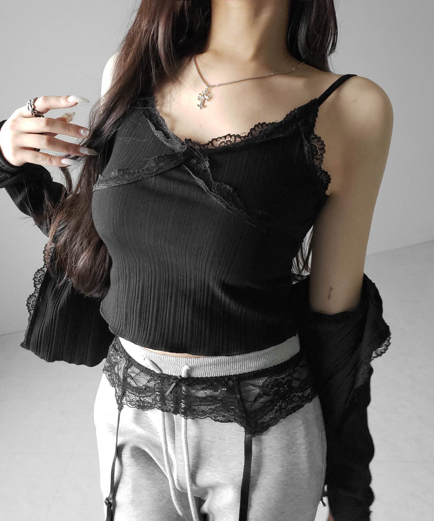 【 2点セット 】レースドッキングリブキャミソール + カーディガンセット / lace docking lib camisole + cardigan SET