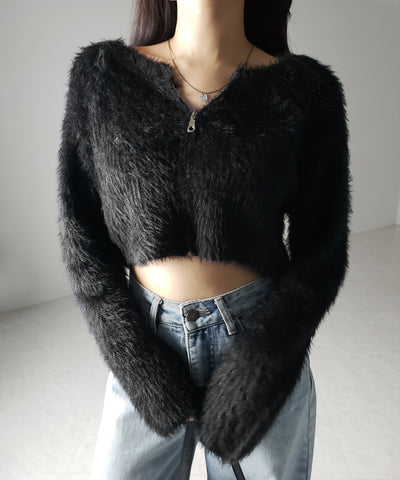 フロントジップショートシャギーニットカーディガン / front zip short shaggy knit cardigan