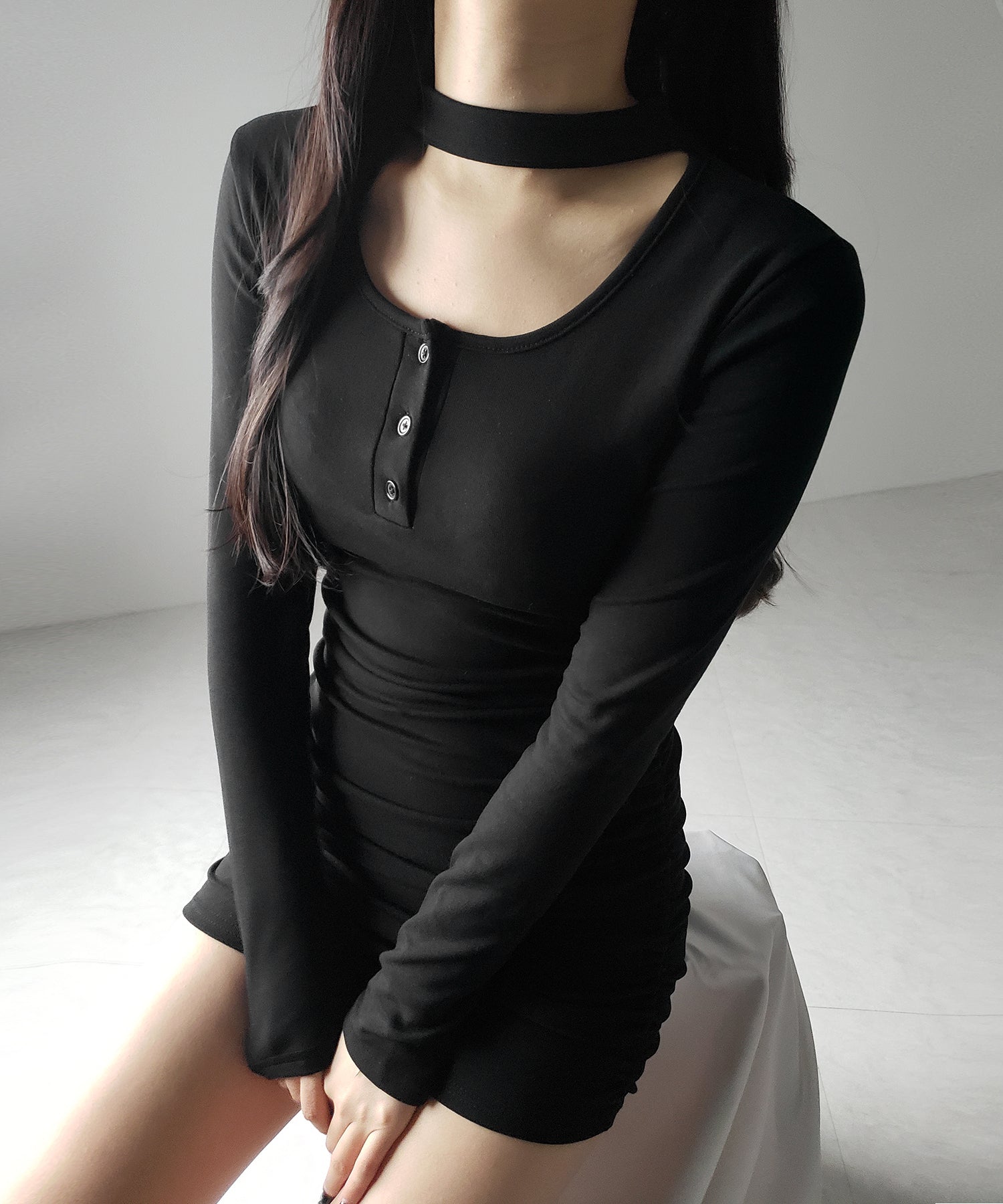 【 3color / 裏起毛 】チョーカーネックシャーリングミニワンピース / choker neck shirring mini onepiece
