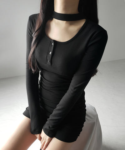 【 3color / 裏起毛 】チョーカーネックシャーリングミニワンピース / choker neck shirring mini onepiece
