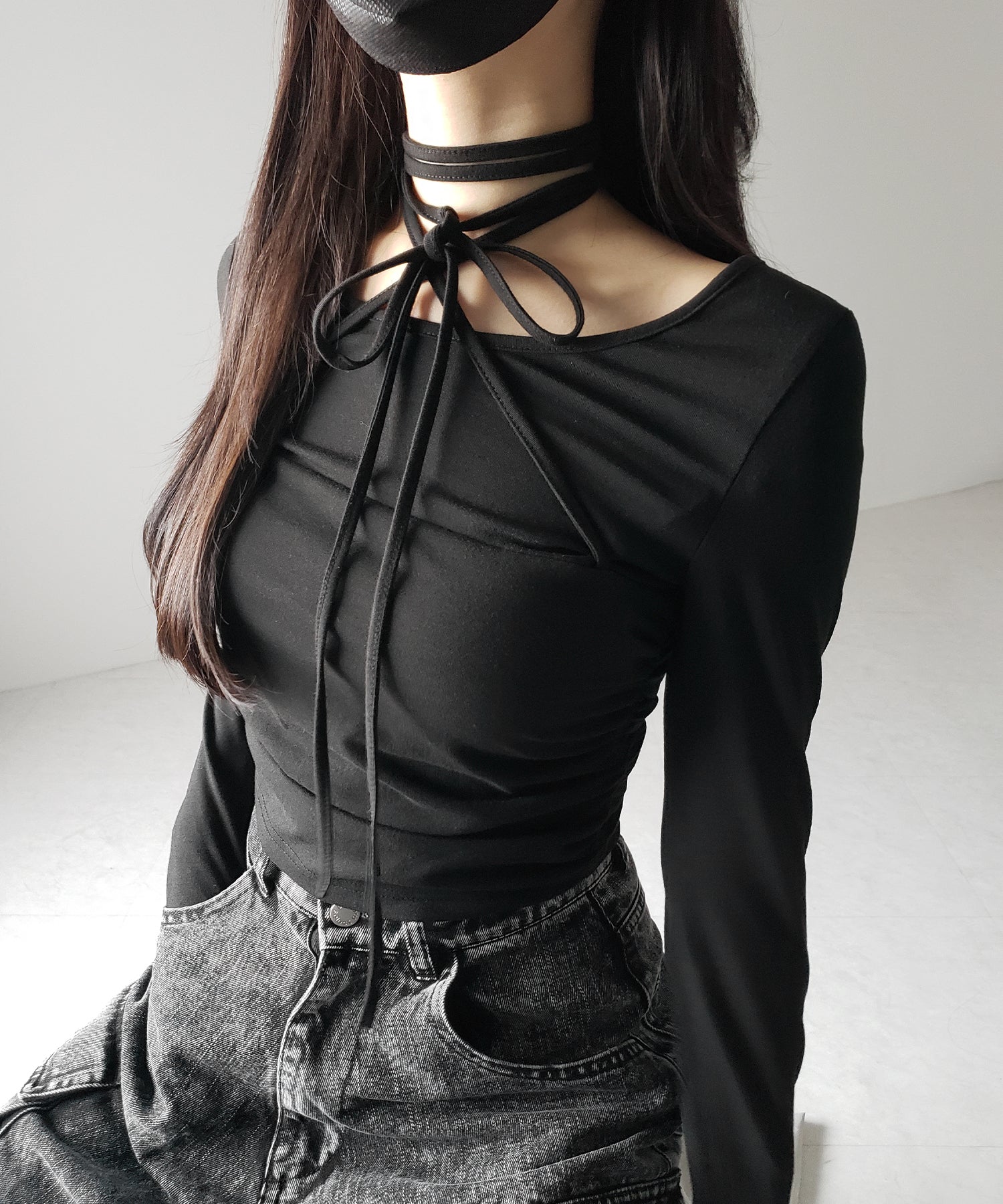 【 3color 】クロスストラップロングチョーカーリボントップス / cross strap long choker ribbon tops