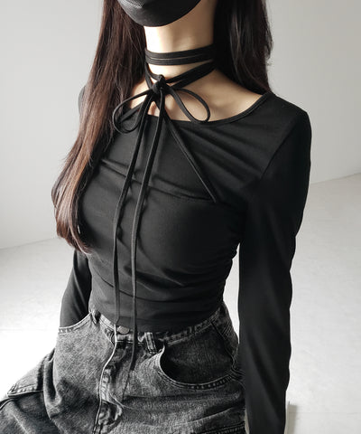 クロスストラップロングチョーカーリボントップス / cross strap long choker ribbon tops