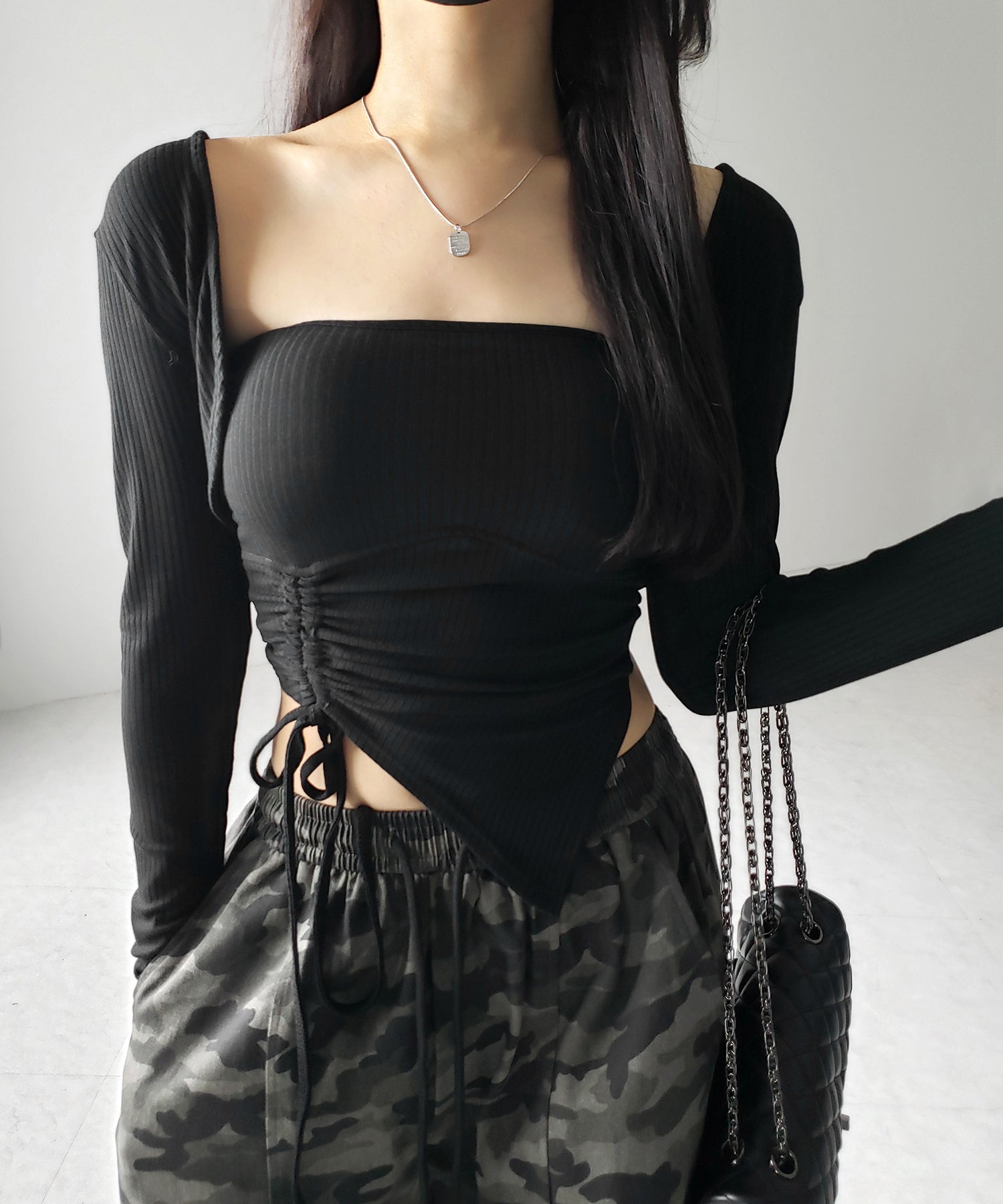 【 2点セット 】シャーリングリボンベアトップス & ショートカーディガン SET / shirring ribbon bare tops & short cardigan SET