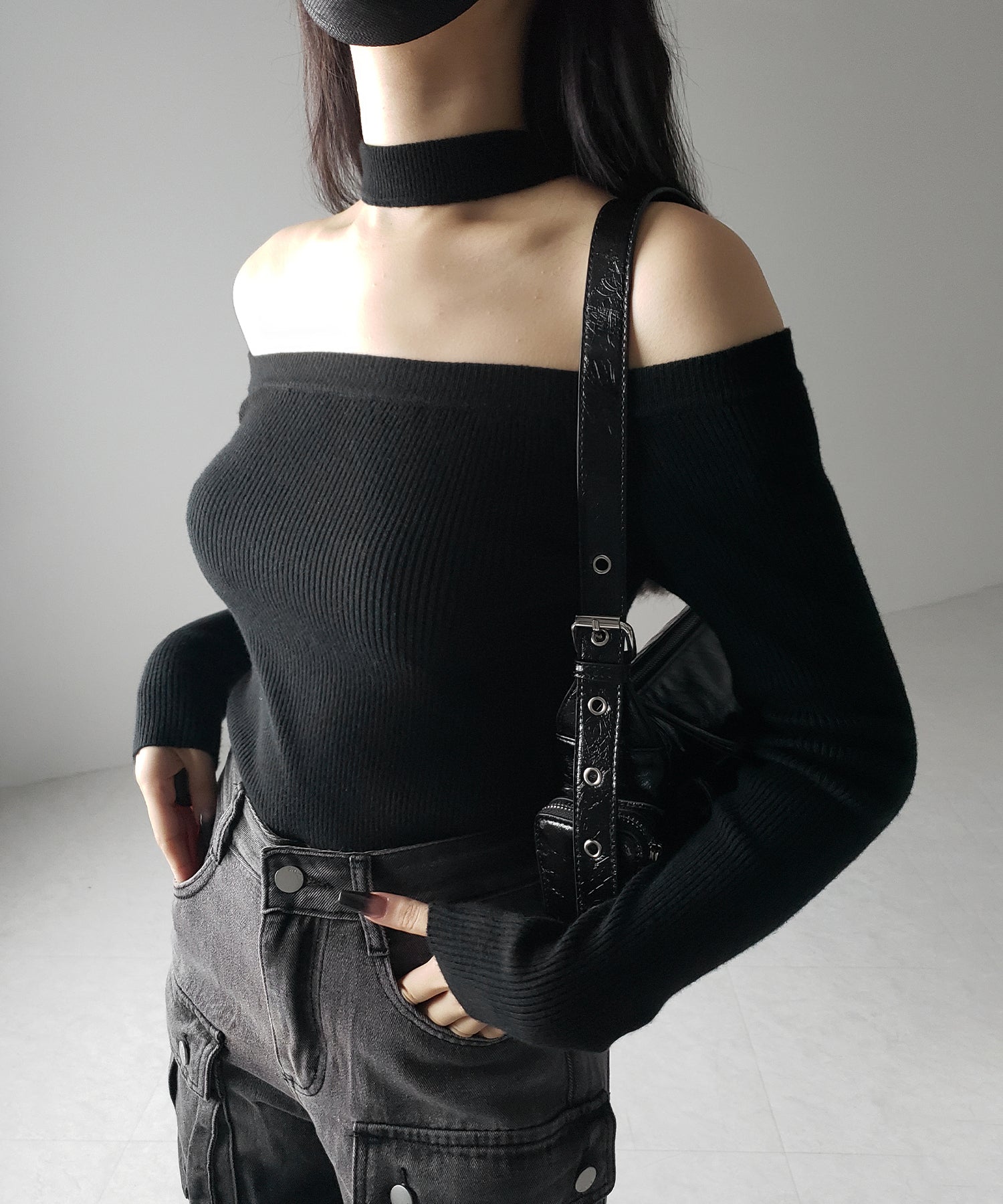 【 2color 】チョーカーオフショルリブニットトップス /choker offshoulder lib knit tops