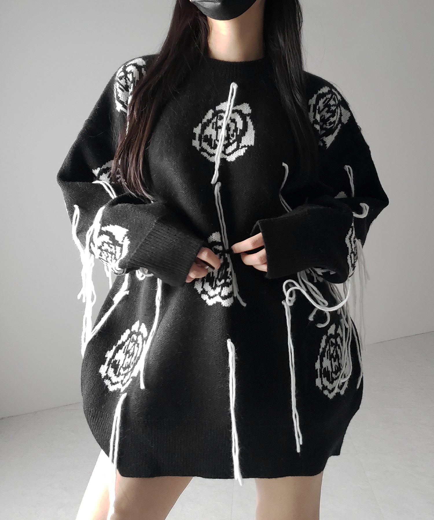 バラジャガードフリンジビッグシルエットニット / rose jacquard fringe big silhouette knit