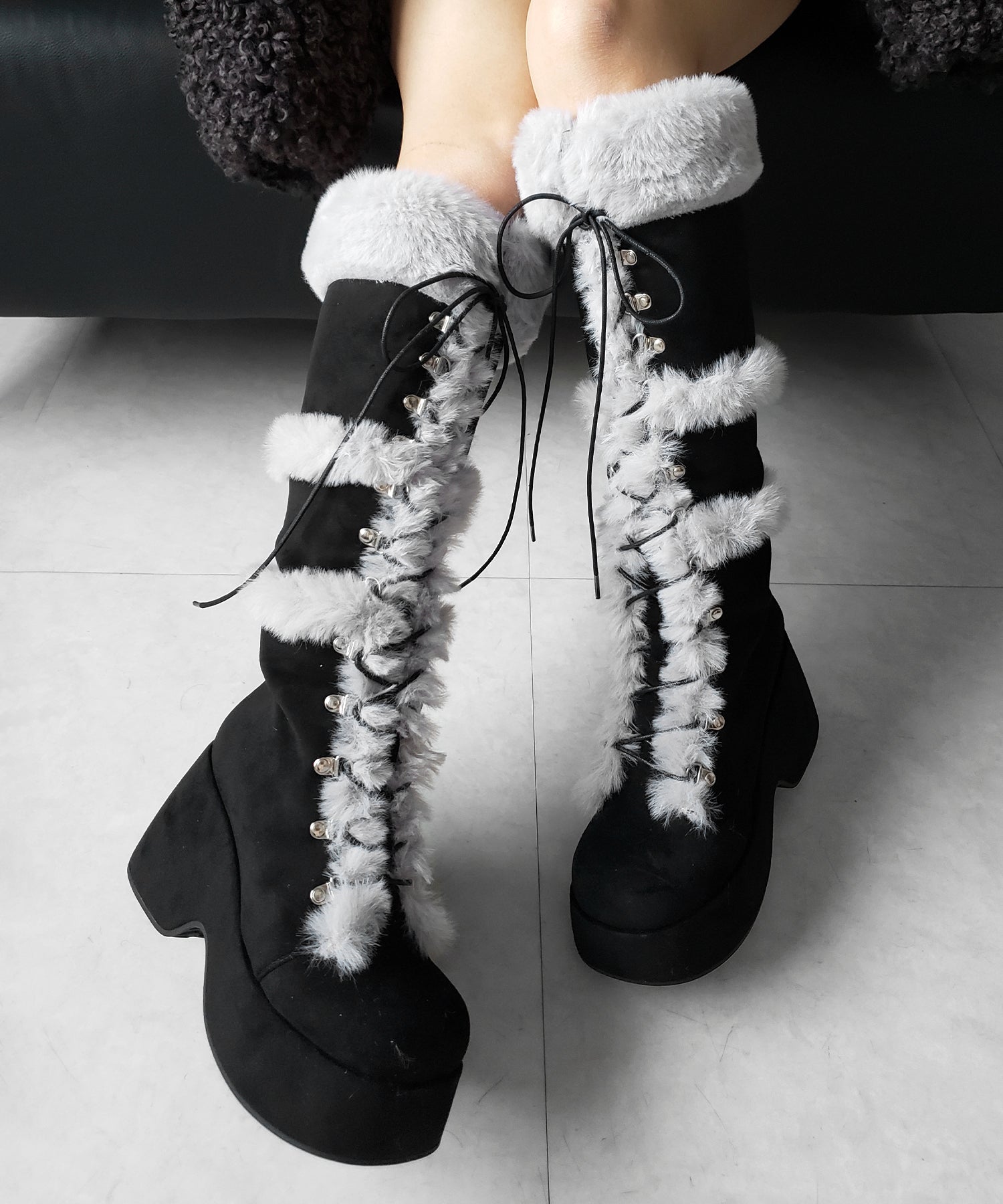 厚底レースアップムートンロングブーツ / platform laceup mouton long boots