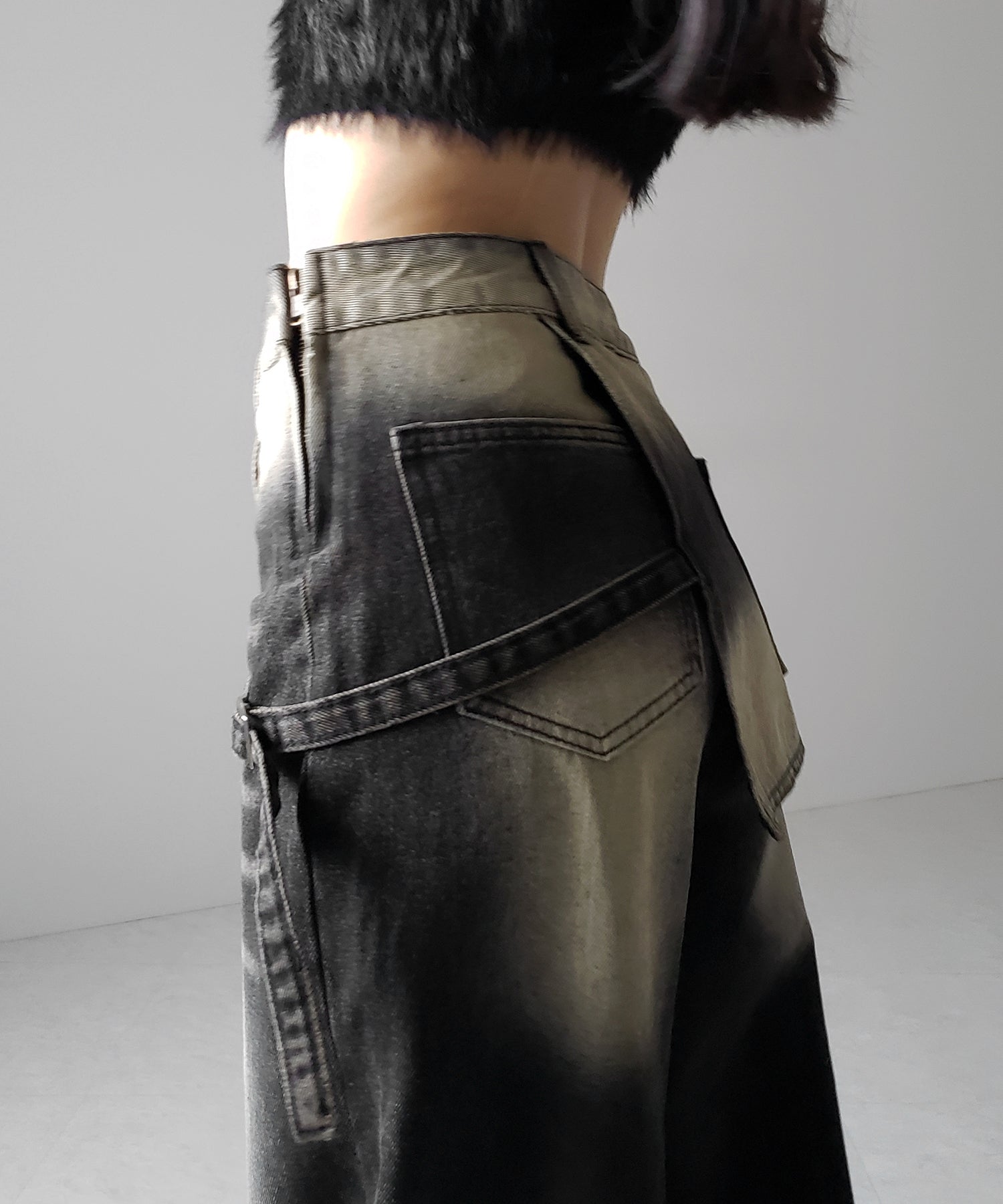 【 2color /4size 】ラップレイヤードバイカラーブリーチワイドデニム / wrap layered bicolor bleach wide denim