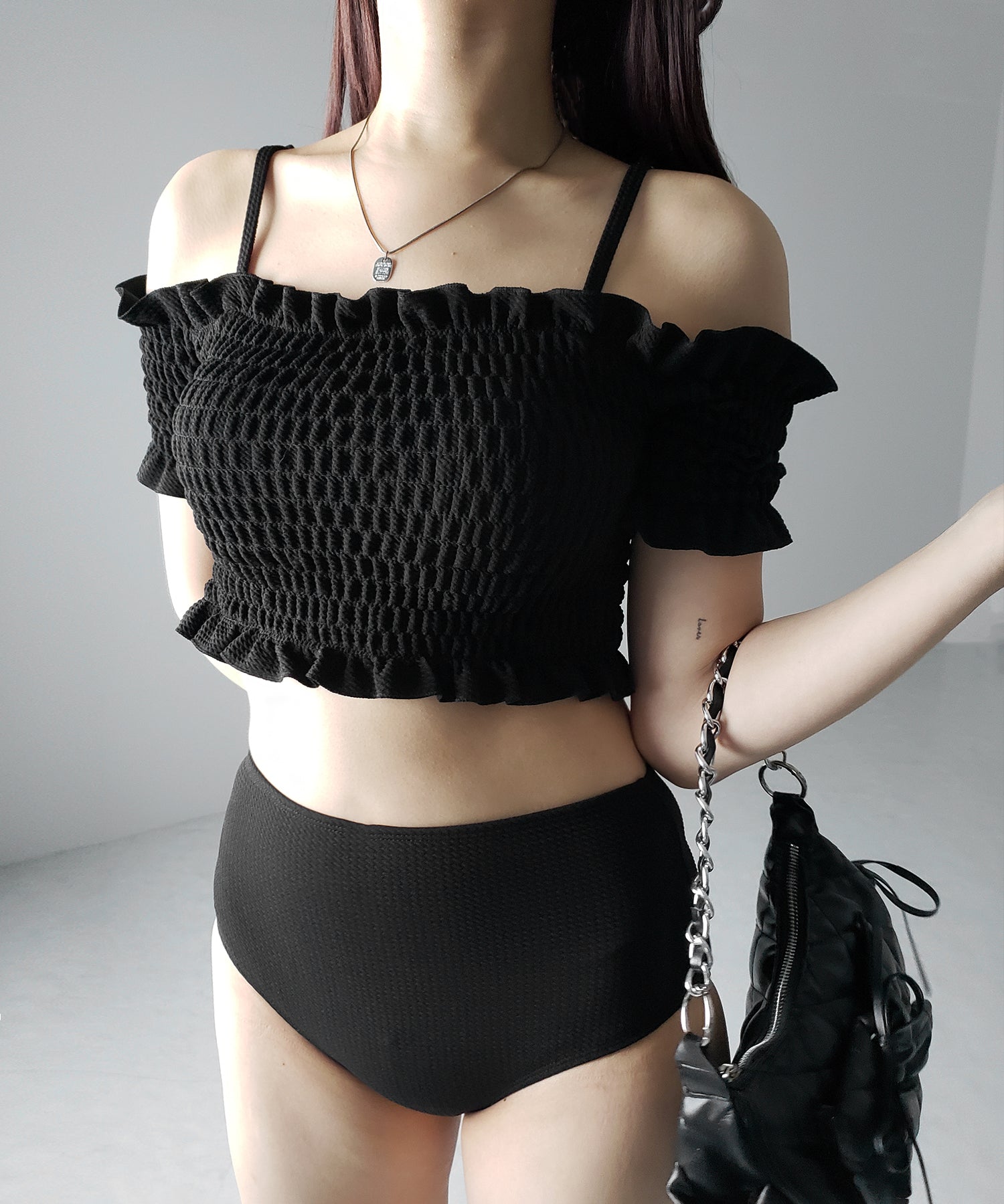 【 レディース水着/2点セット 】オフショルダーシャーリングギャザーハイウエストビキニ / off shoulder shirring gather highwaist bikini