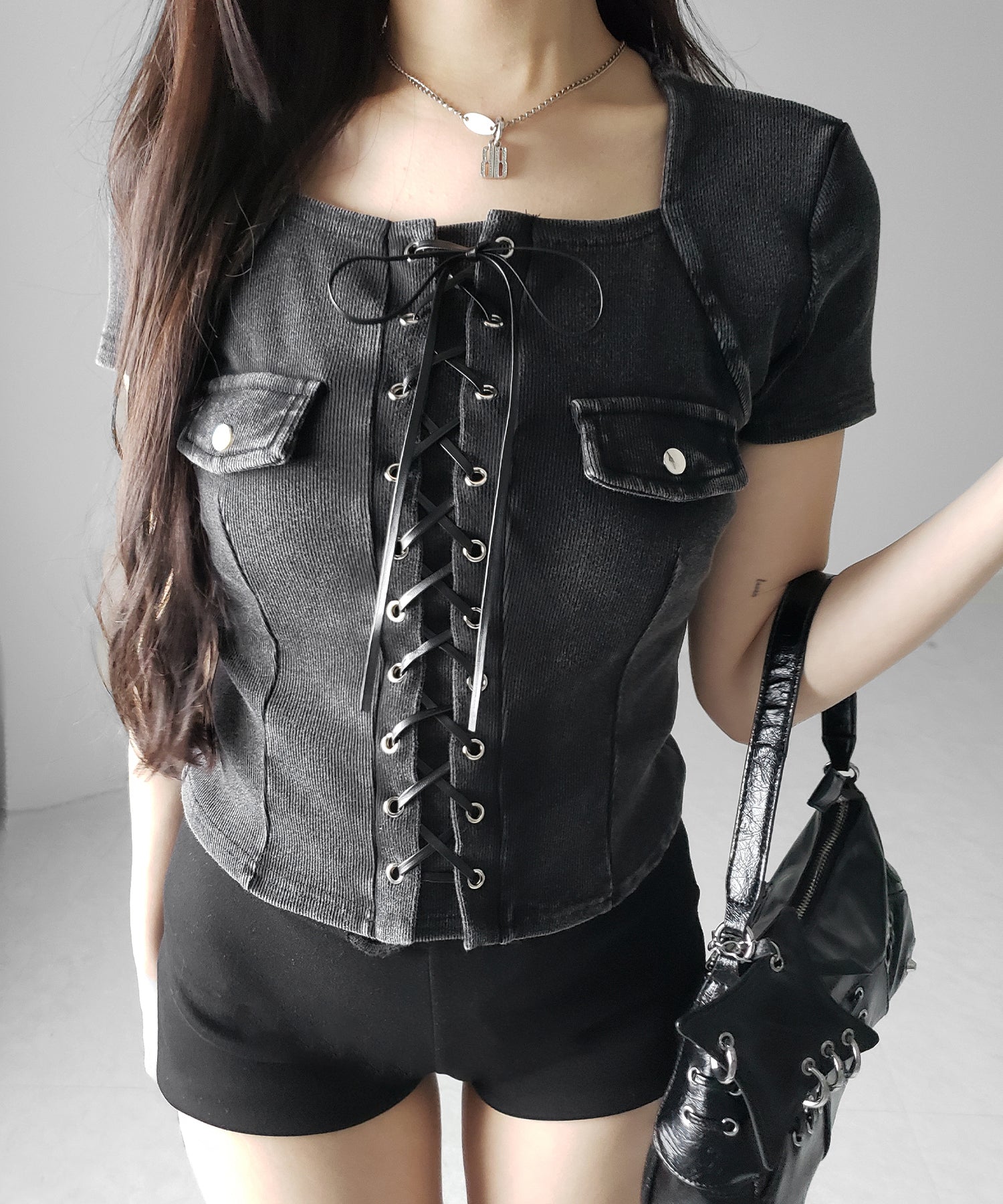 ヴィンテージレースアップスクエア半袖Tシャツ / vintage laceup square T-shirts