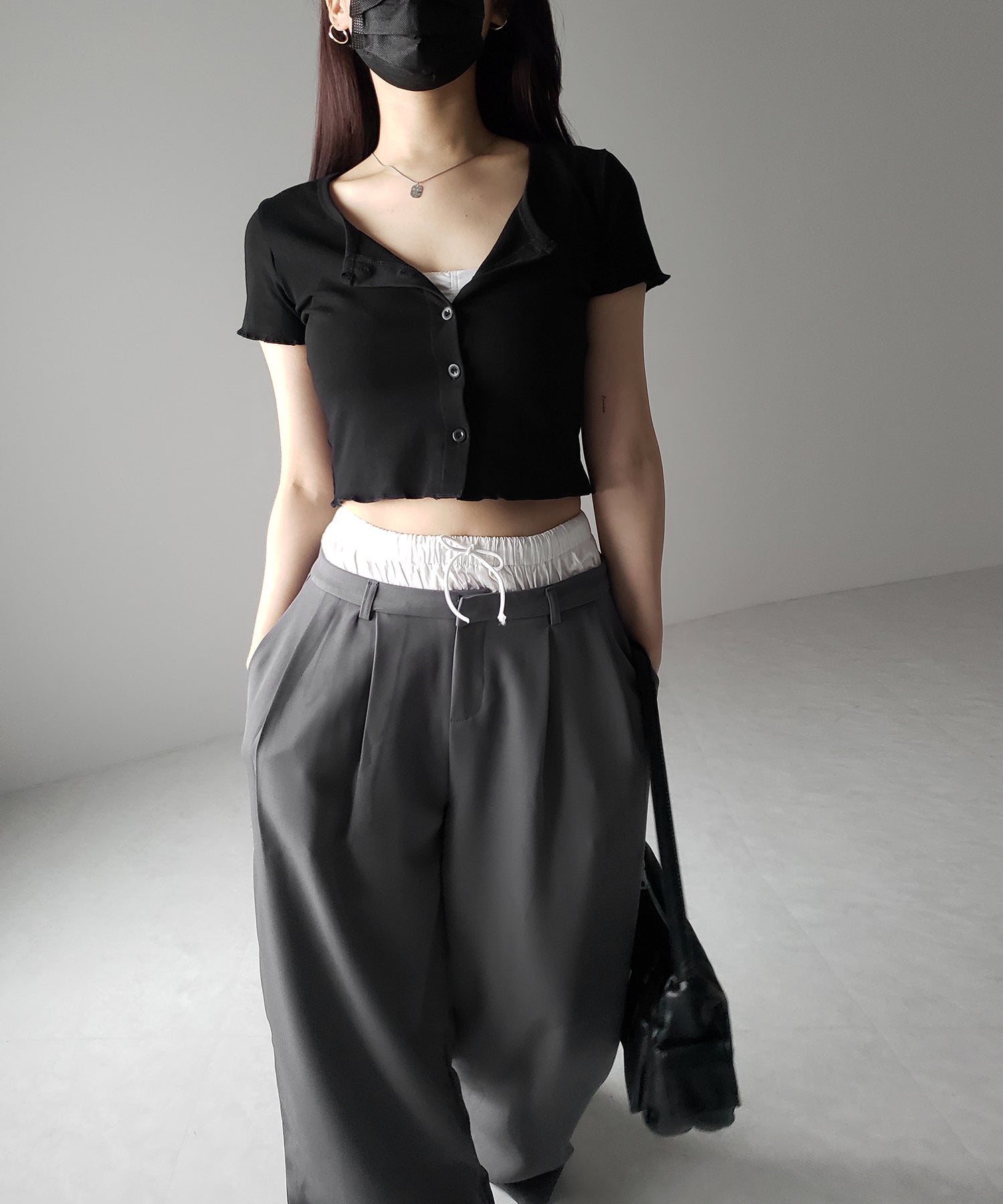 【 3color 】フロントボタン半袖メローショートTシャツ / front button mellow short Tee