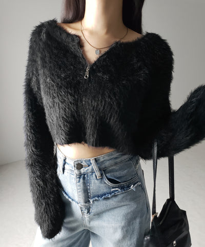 フロントジップショートシャギーニットカーディガン / front zip short shaggy knit cardigan