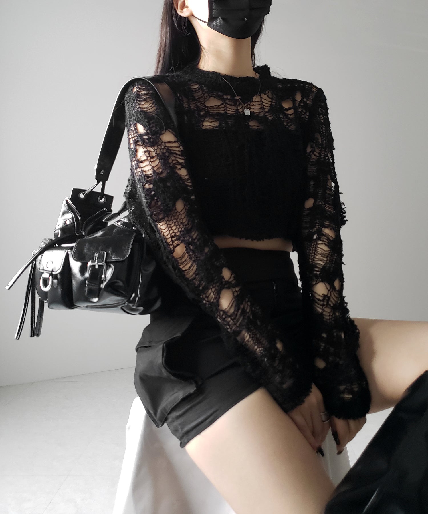 クラッシュダメージショートシアーニット / crush damage short sheer knit