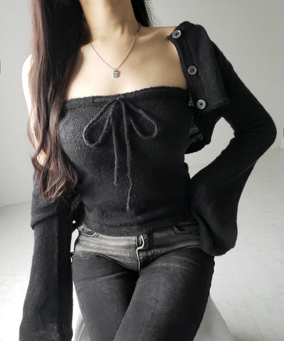 【 2点セット 】フロントリボンニットベアトップ + 長袖ショートカーディガン SET / front ribbon knit bare top + long sleeve short cardigan set