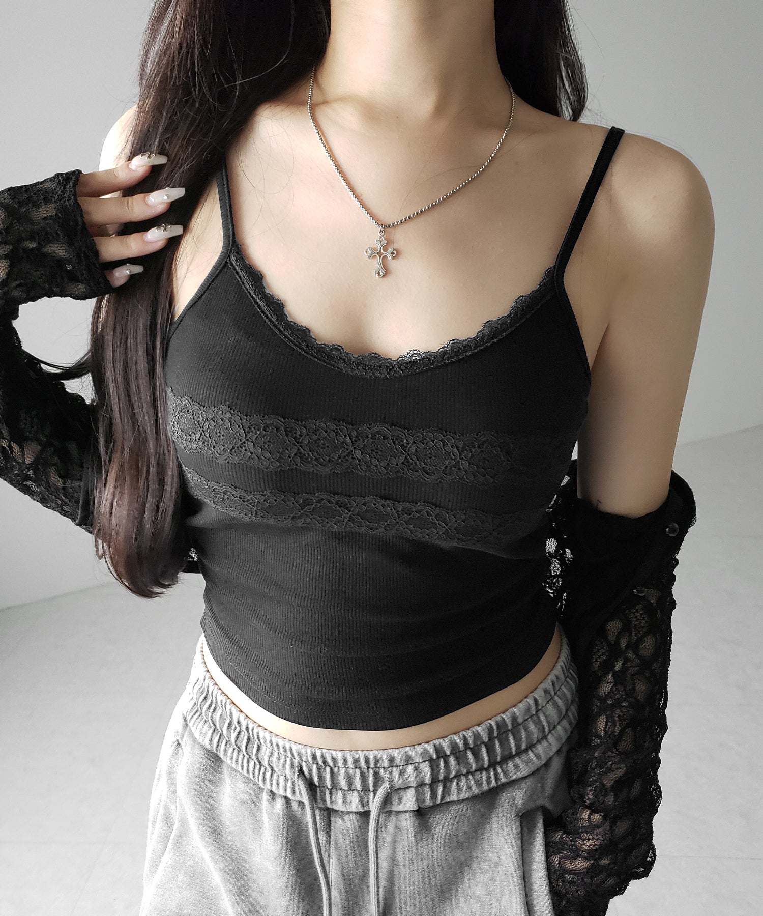 【 3color 】ダブルレース切替リブキャミソール / double lace switching ribbed camisole