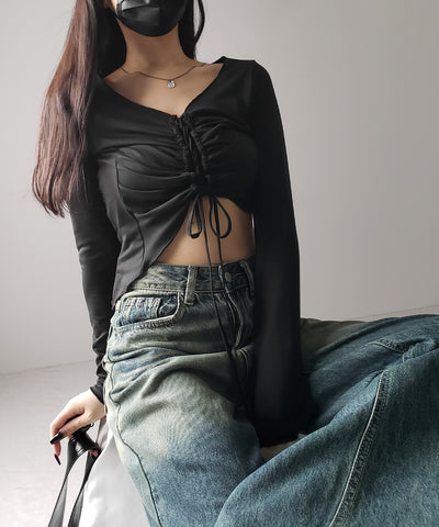 レースアップショートスリムカットソートップス / lace up short slim cut and sew tops