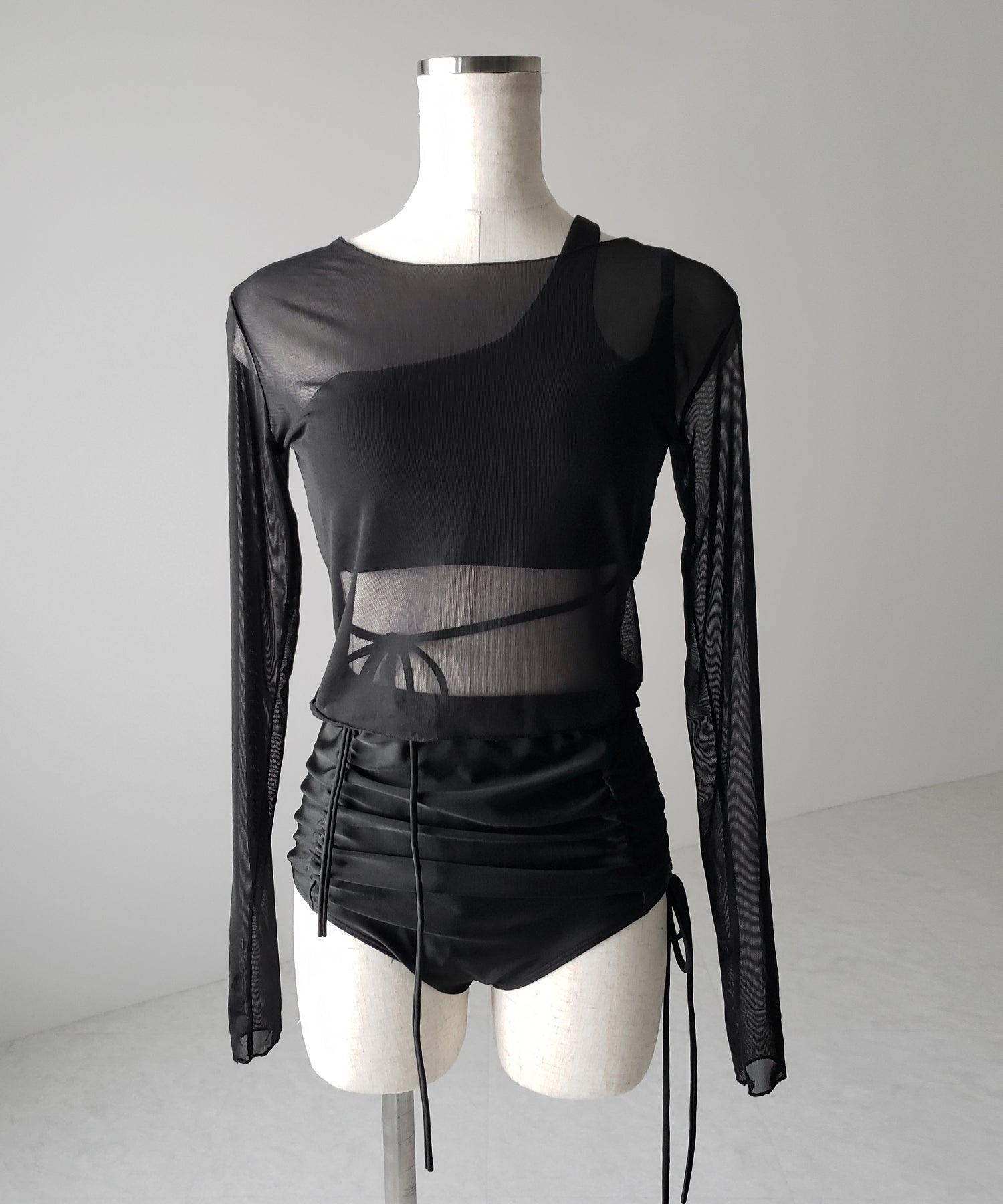 【 レディース水着/3点セット 】シアートップス付き ストラップリボンカットアウトワンショルハイウエストビキニ / sheer tops set strap ribbon cutout one shoulder high waist bikini