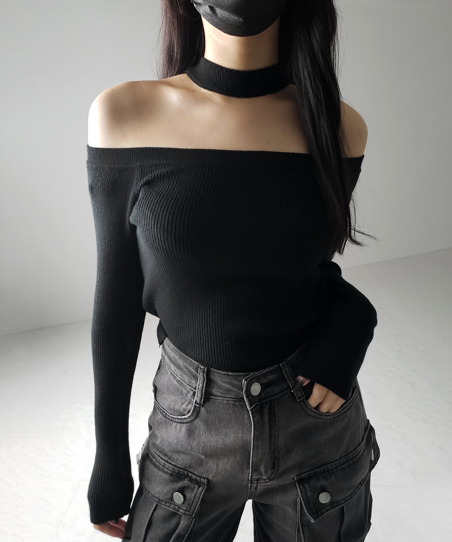 【 2color 】チョーカーオフショルリブニットトップス /choker offshoulder lib knit tops
