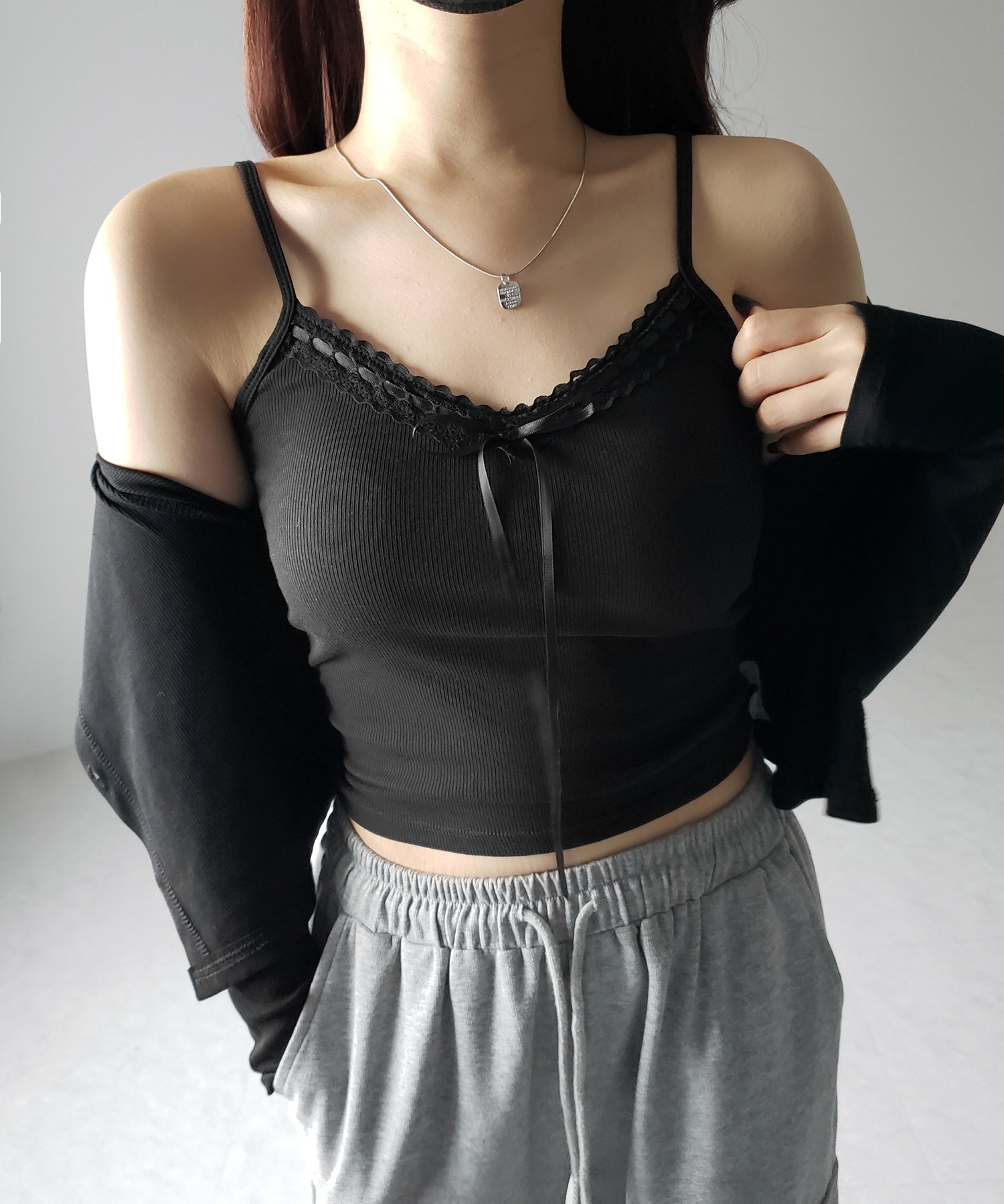 【 カップ付き 】サテンリボンレースリブキャミソール / satin ribbon lace lib camisole