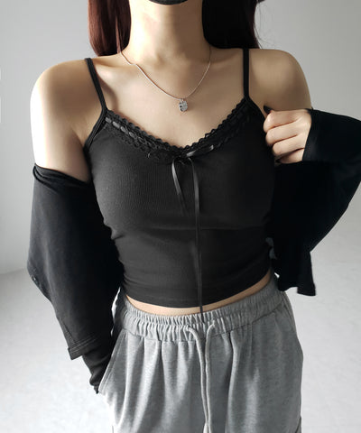 【 カップ付き 】サテンリボンレースリブキャミソール / satin ribbon lace lib camisole