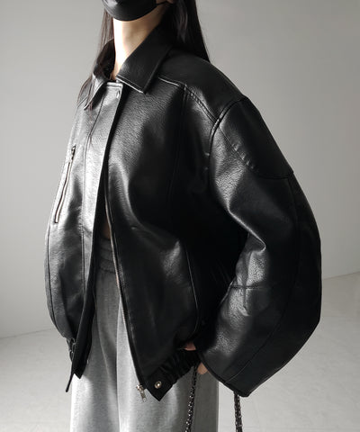 【 2color 】ヴィンテージライクボリュームスリーブフェイクレザーブルゾン / vintage like volume sleeve fake leather blouson