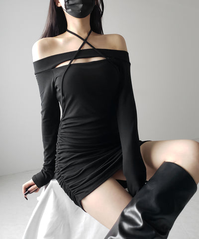 【 2WAY 】クロスストラップリボンカットアウトオフショルミニワンピース / cross strap ribbon cutout offshoulder mini onepiece