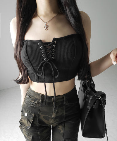 【カップ付き 】レースアップコルセットリボンショートリブベアトップ / laceup corset ribbon short ribbed bare top
