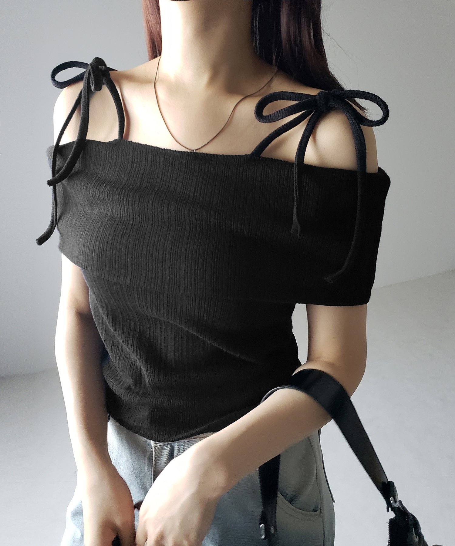 【 2color 】ダブルリボンオフショルダーリブトップス / double ribbon off-shoulder rib tops