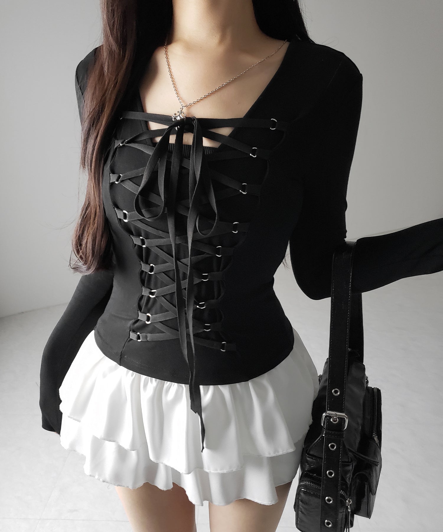 【 新色ピンク追加! /3WAY 】レースアップコルセットリボンチョーカートップス / lace up corset ribbon choker tops