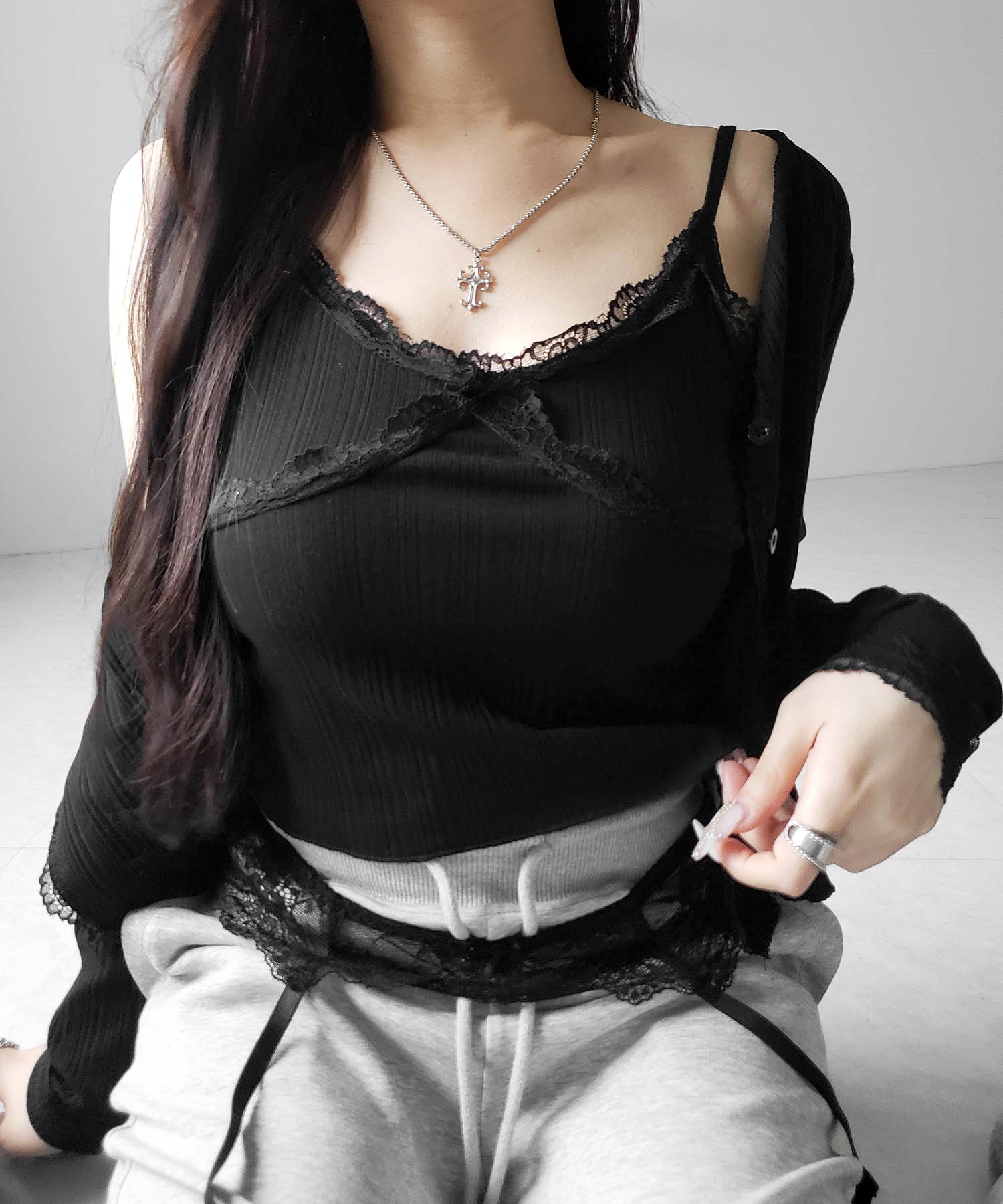 【 2点セット 】レースドッキングリブキャミソール + カーディガンセット / lace docking lib camisole + cardigan SET