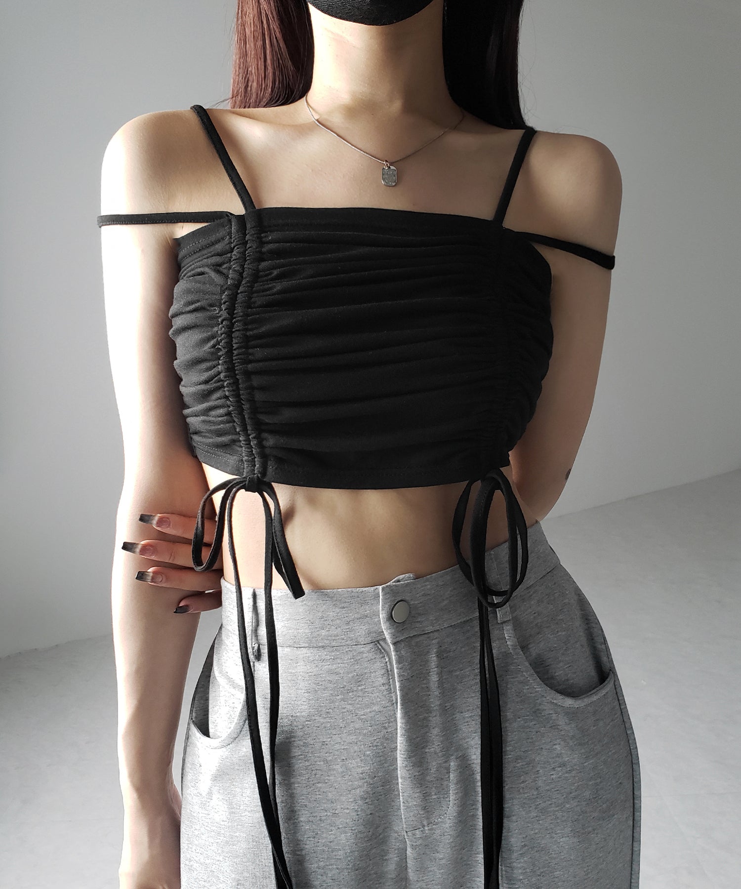 【 3color 】3WAYクロスストラップリボンシャーリングショートキャミソール / 3WAY cross strap ribbon shirring short camisole