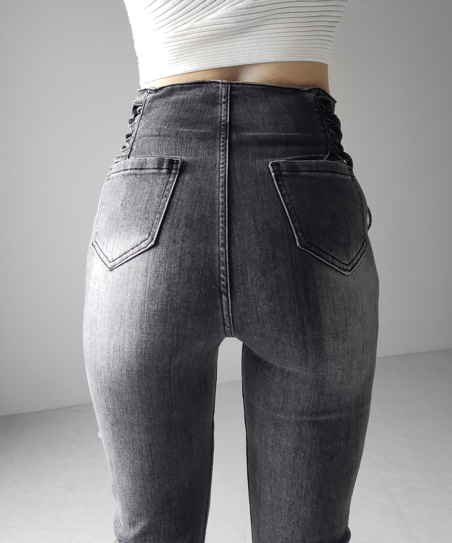 サイドレースアップリボン美脚ストレッチフレアデニム / side laceup ribbon slim leg stretch flare denim
