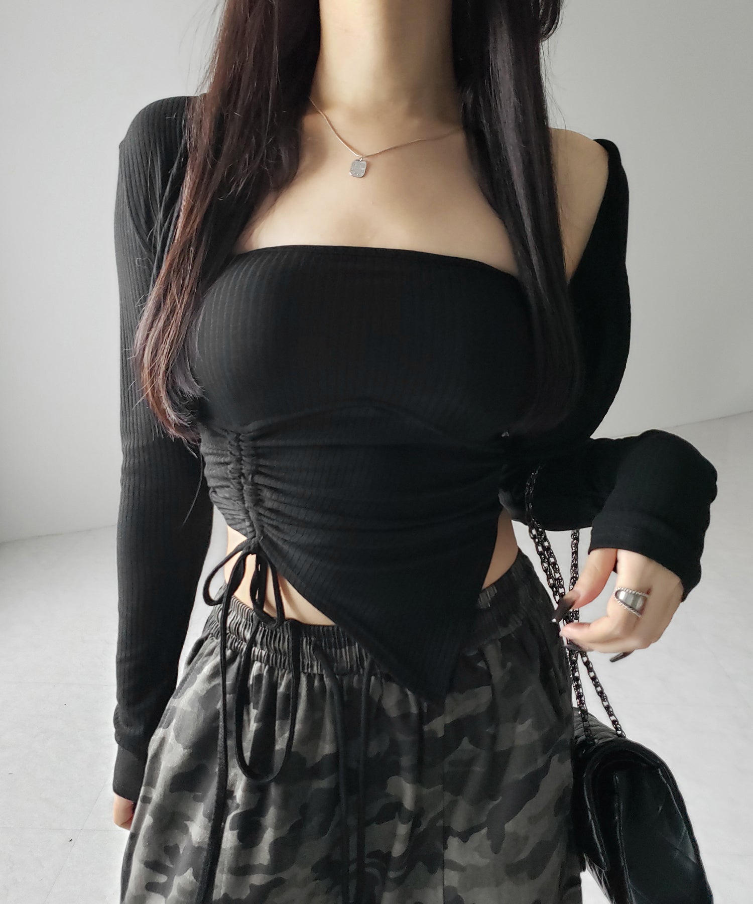 【 2点セット 】シャーリングリボンベアトップス & ショートカーディガン SET / shirring ribbon bare tops & short cardigan SET