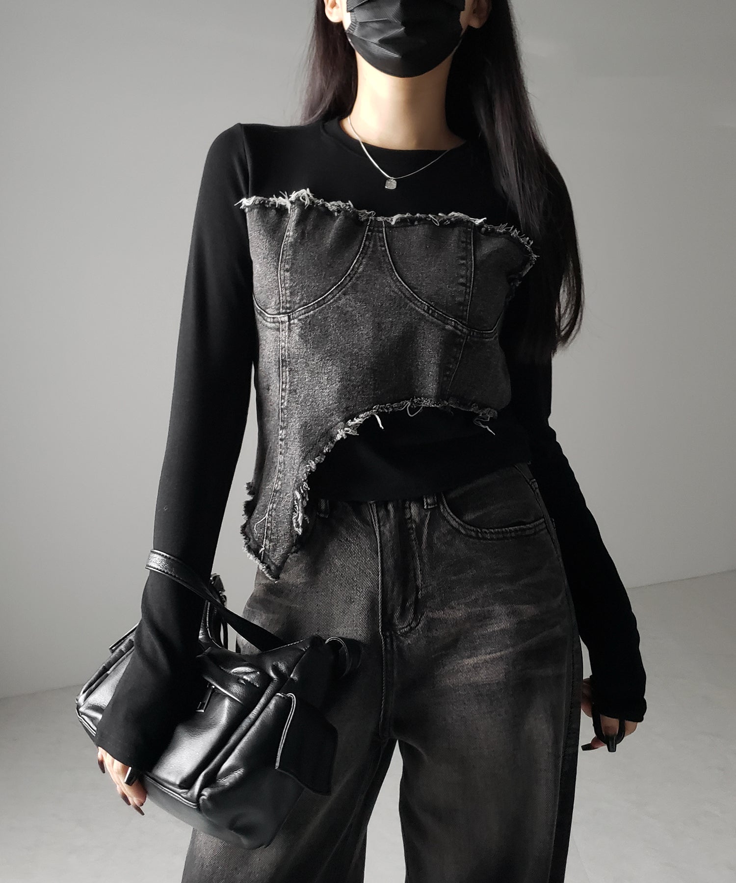 【 2color 】ダメージデニムビスチェドッキングTシャツ / damage denim bustier docking Tee