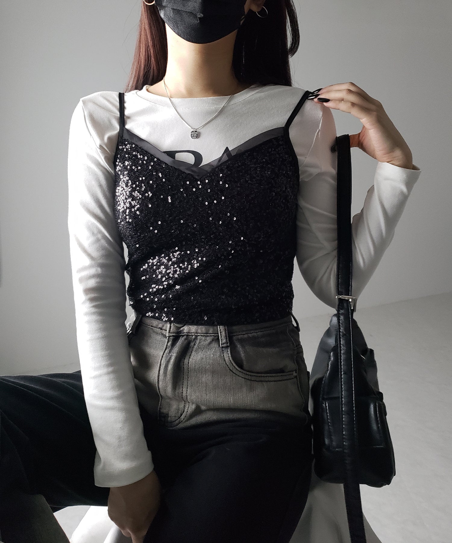 【 カップ付き 】シアースパンコールショートキャミソールビスチェ / sheer spangle short camisole bustier