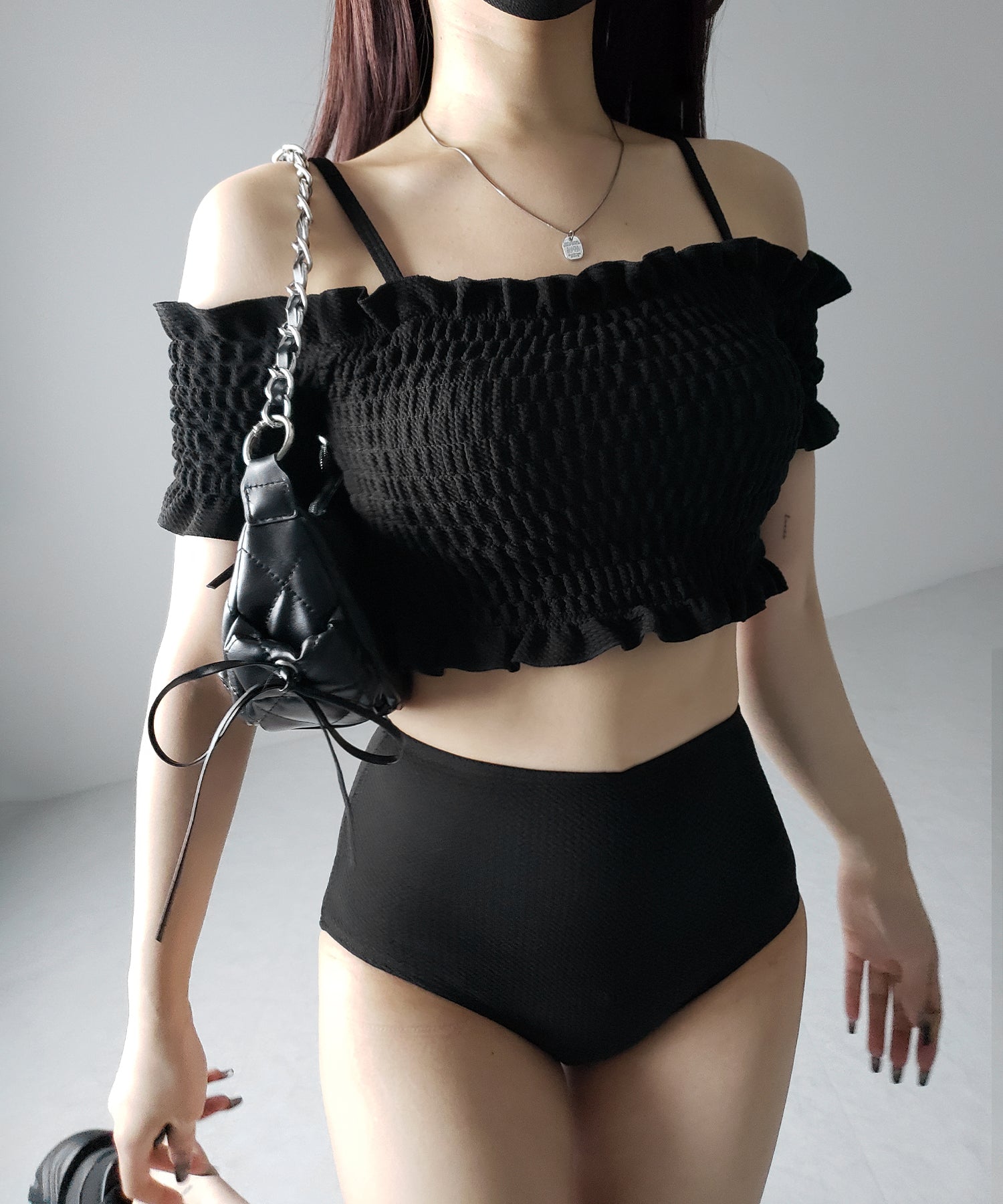 【 レディース水着/2点セット 】オフショルダーシャーリングギャザーハイウエストビキニ / off shoulder shirring gather highwaist bikini