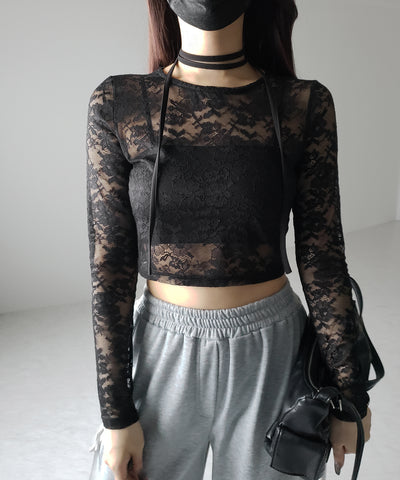ストラップリボンショートレーストップス / strap ribbon short lace tops