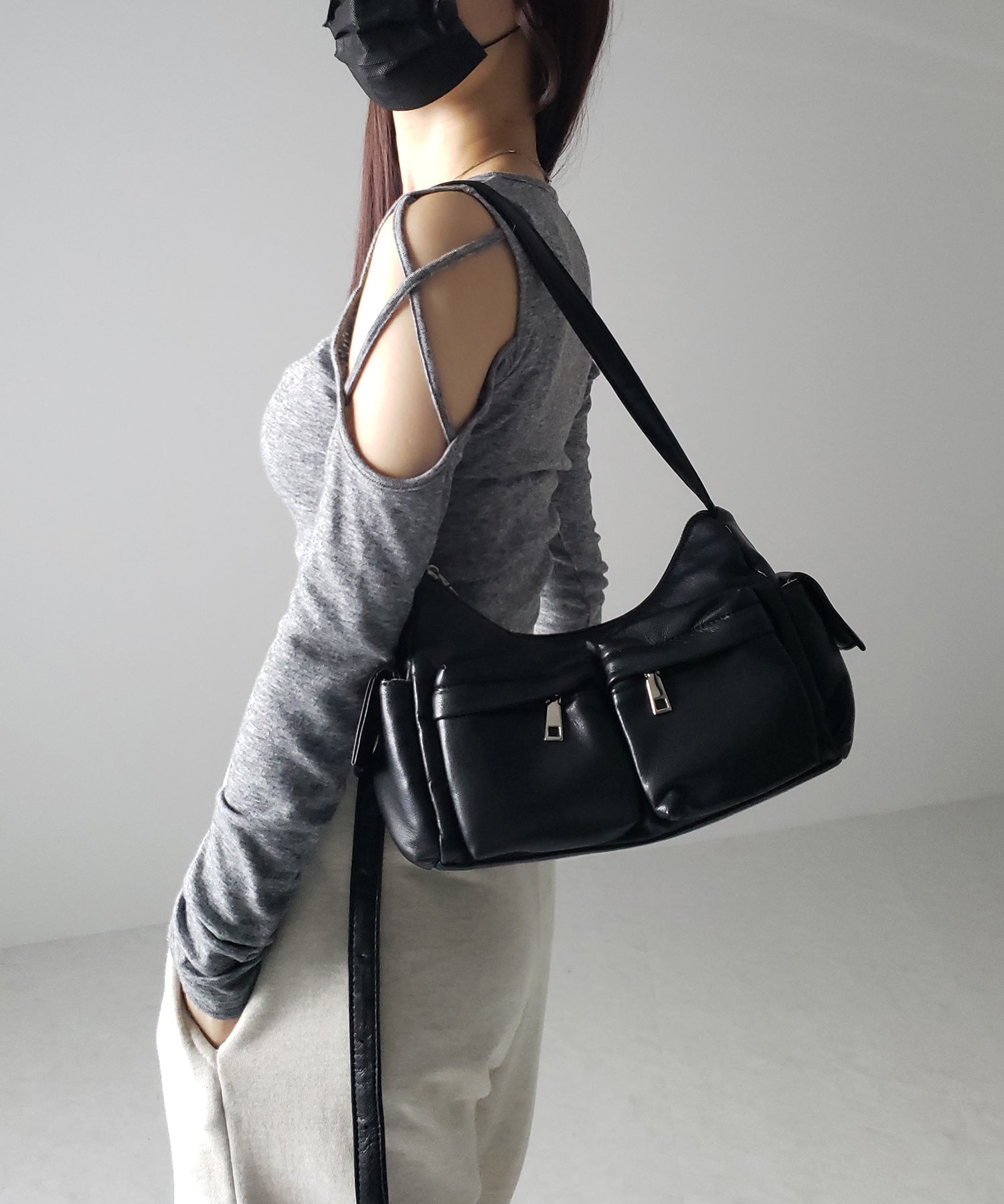 【 5color / 2WAY 】アウトポケットフェイクレザーショルダーバッグ
