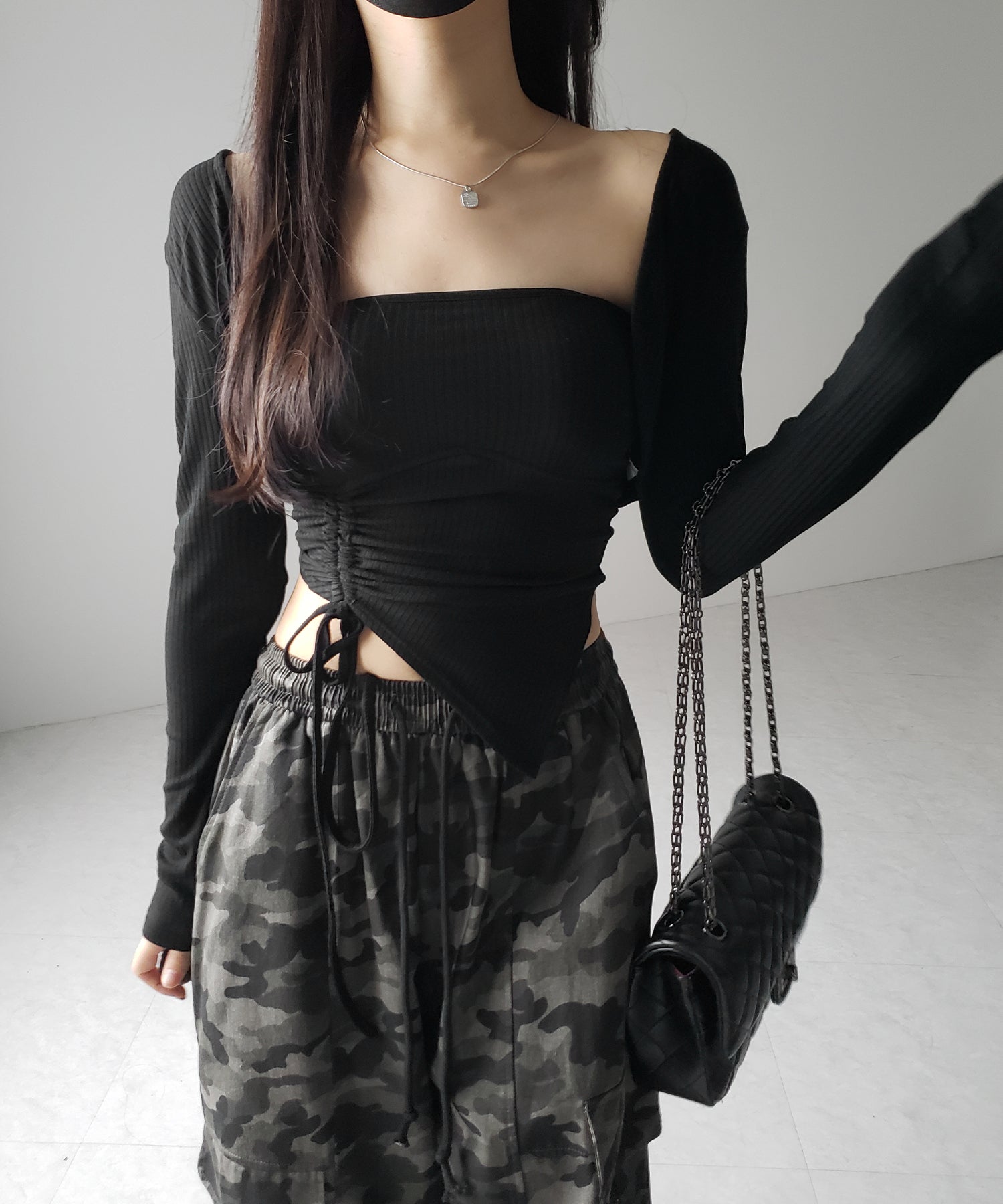 【 2点セット 】シャーリングリボンベアトップス & ショートカーディガン SET / shirring ribbon bare tops & short cardigan SET