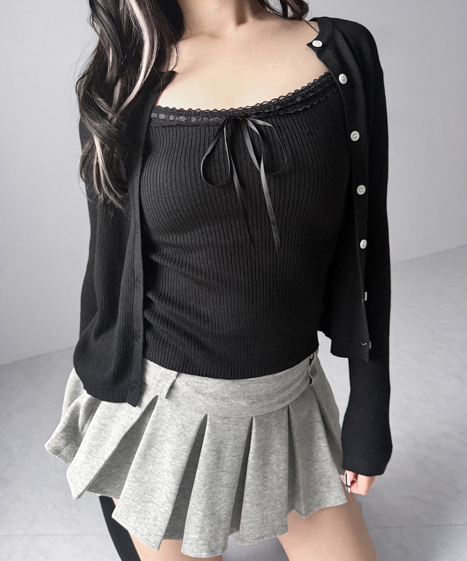 【 2点セット 】リボンリブニットキャミソール + カーディガンセット / ribbon rib knit camisole + cardigan set