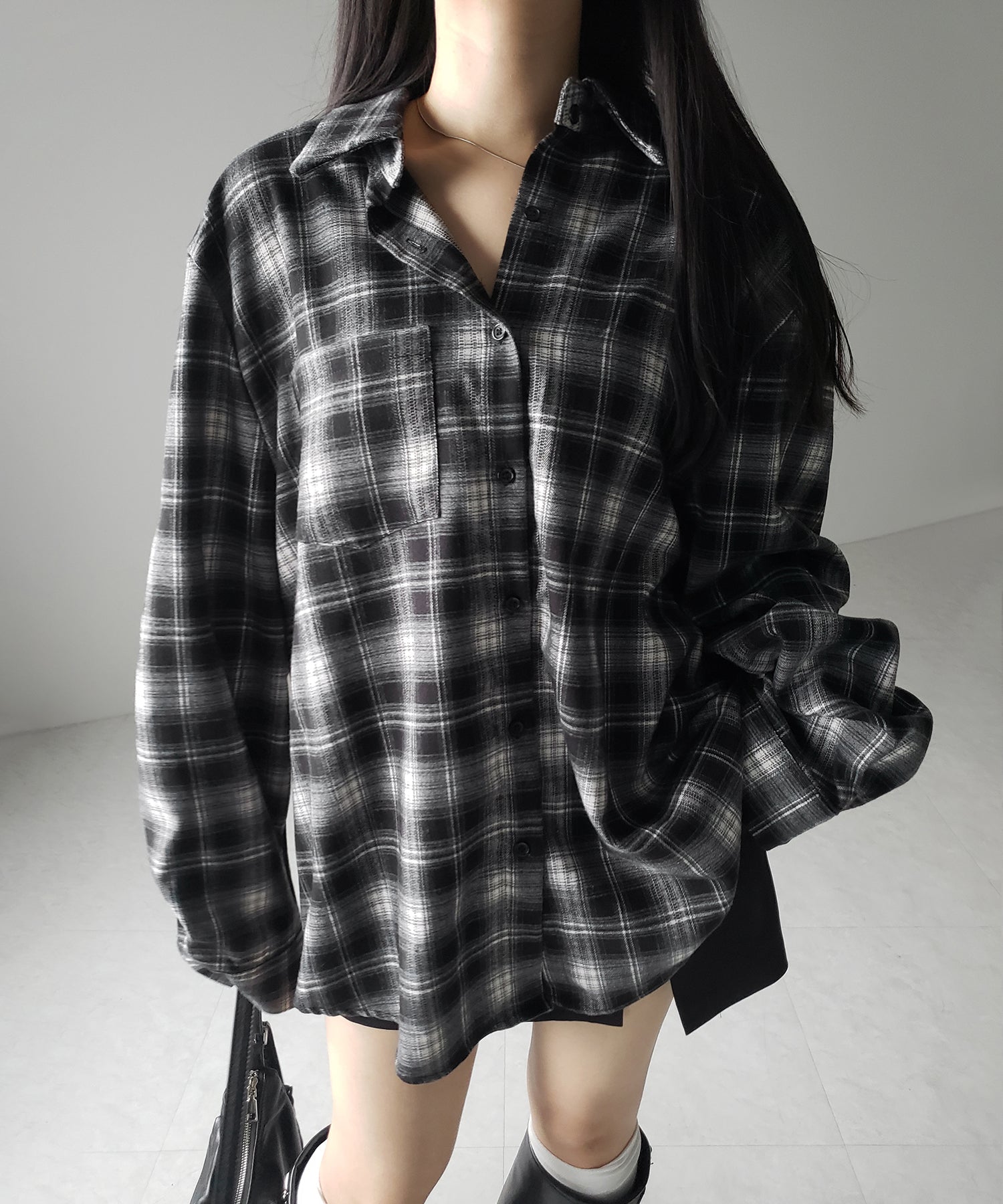 ビッグシルエットブラックチェックネルシャツ / big silhouette black check flannel shirt