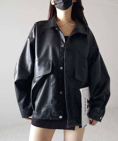 【 裾絞り可能2WAY 】ビッグシルエットボーイフレンドレザージャケット