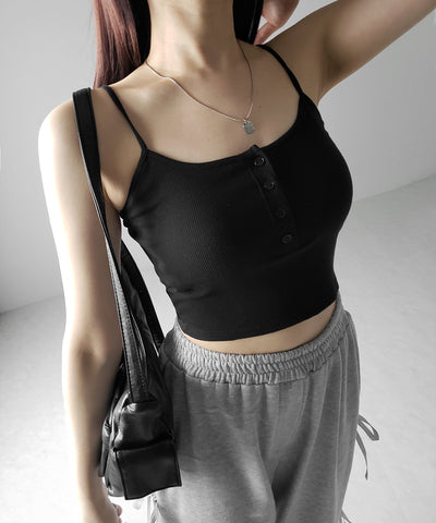 【 カップ付き 】フロントボタンヘンリーネックショートリブキャミソール / front button henry neck short rib camisole