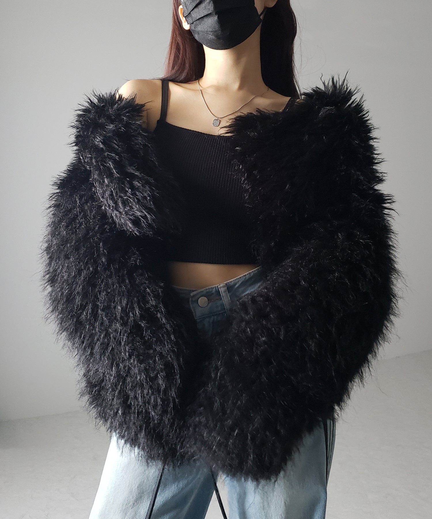 【 5color 】シャギーファーノーカラーボリュームショートコート/ shaggy fur nocollar volume short coat