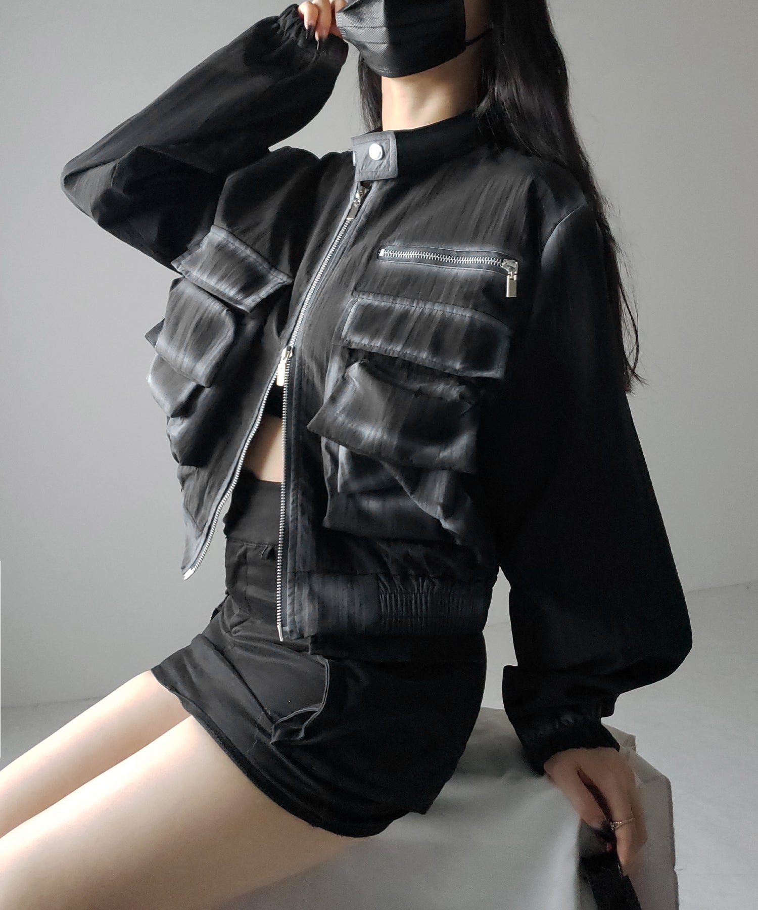 【 2color 】スプレー加工ダブルジップアウトポケットショートブルゾン / spray double zip out pocket short blouson