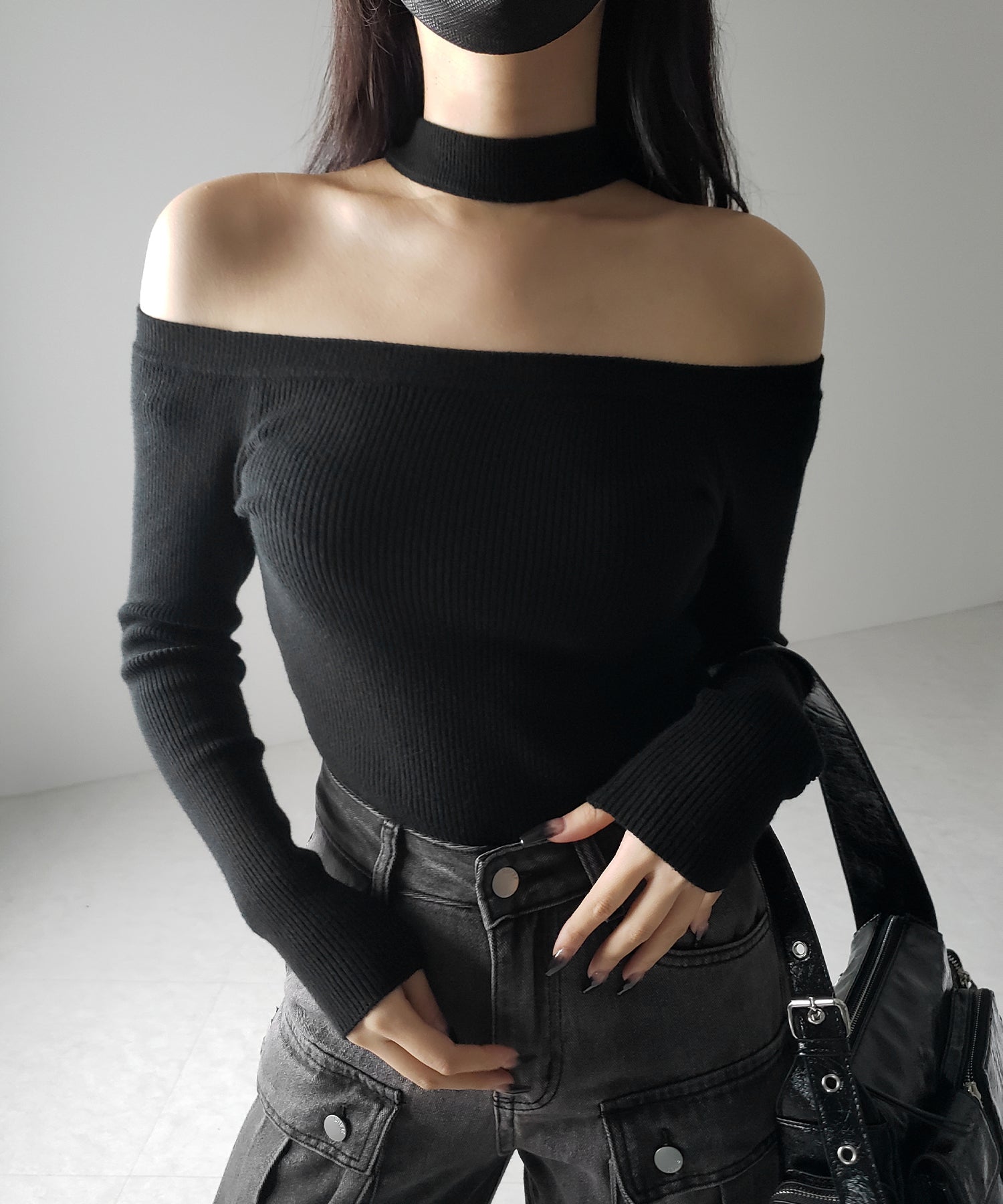 【 2color 】チョーカーオフショルリブニットトップス /choker offshoulder lib knit tops