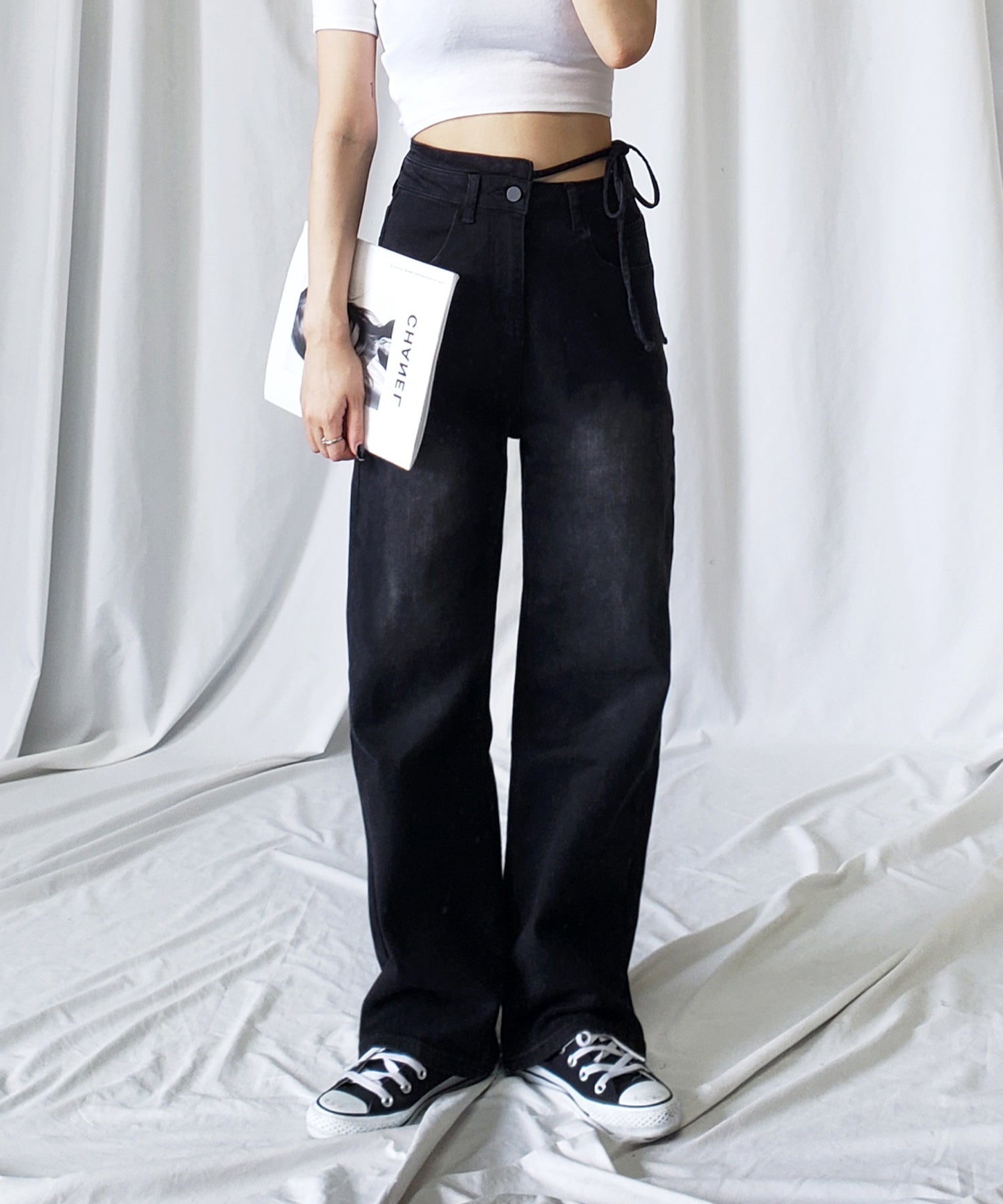 【 4color 】カットアウトサイドリボンウォッシュストレートデニム