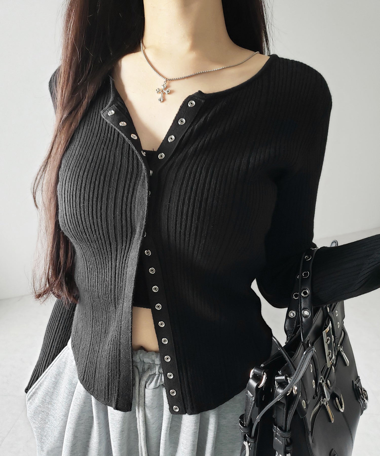 【 3color 】スナップボタンリブニットスリムカーディガン / snap button rib knit slim cardigan