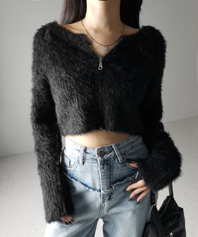 フロントジップショートシャギーニットカーディガン / front zip short shaggy knit cardigan