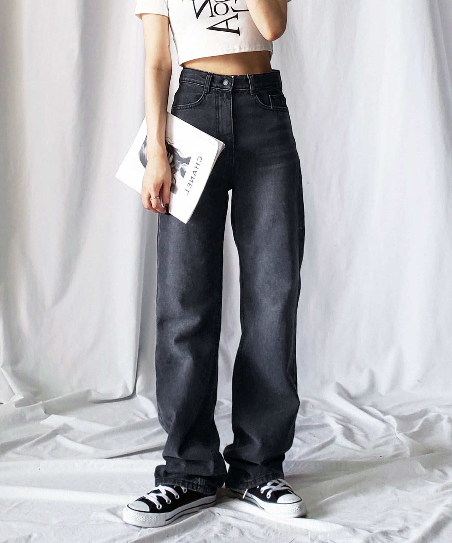 【 2color / 3size 】ハイウエストウォッシングロングデニムパンツ