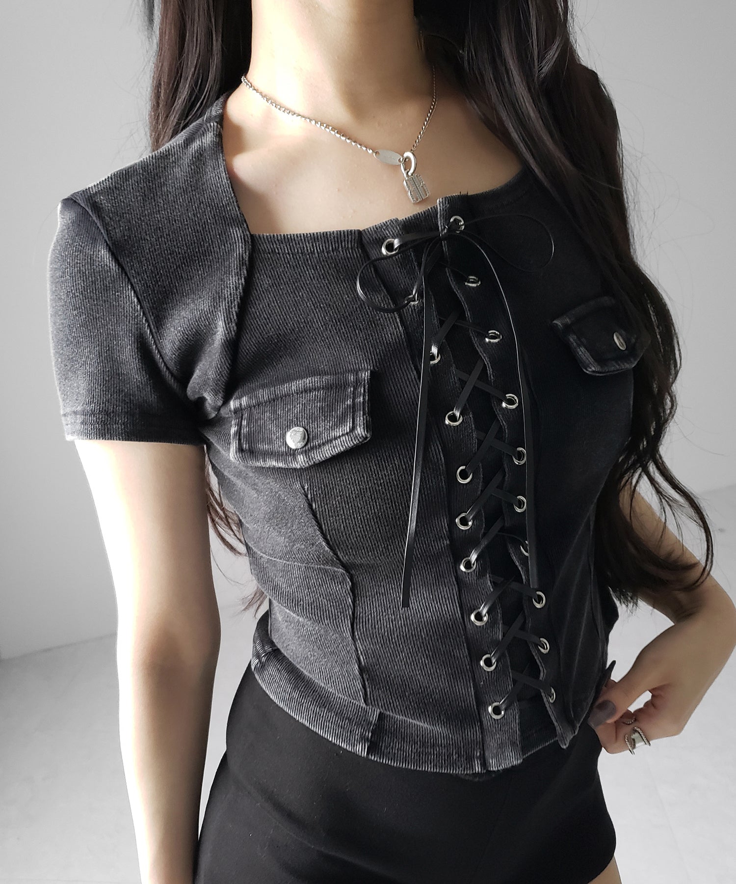 ヴィンテージレースアップスクエア半袖Tシャツ / vintage laceup square T-shirts